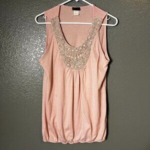 Vintage Agenda Pink Embellished Crochet Bib Blouson Tank Top Size L